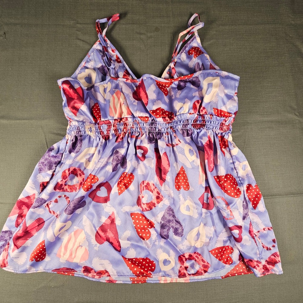 Enchanting Purple Heart Print Satin Pajama Set Camisole Shorts Womens Large L - Picture 8 of 8